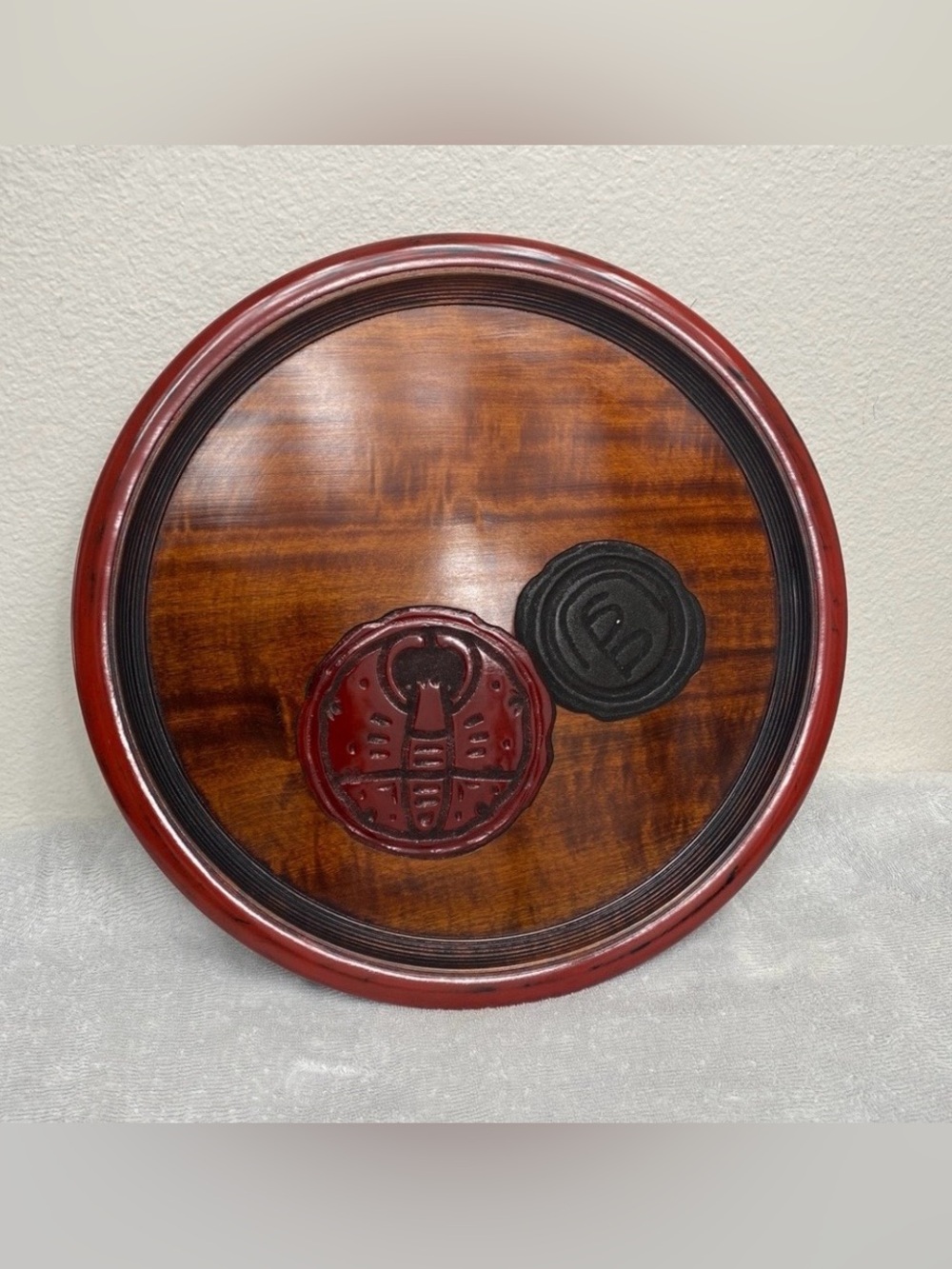 Antique Japanese Ujo- Bori Hardwood Sake Round Carved Wood Serving Tray